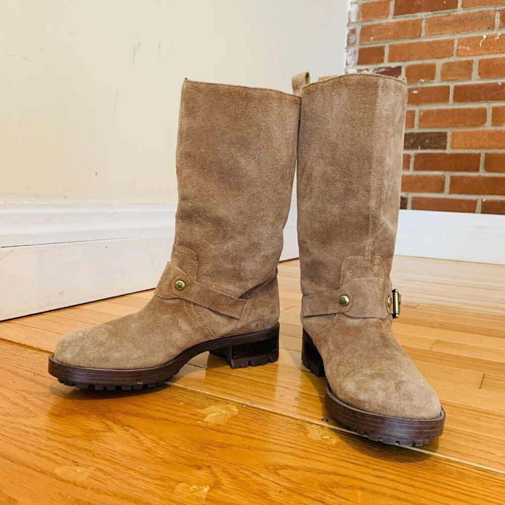 Ralph Lauren Motorcycle Boots Mid Calf Tan Suede Pull On Lug Soles